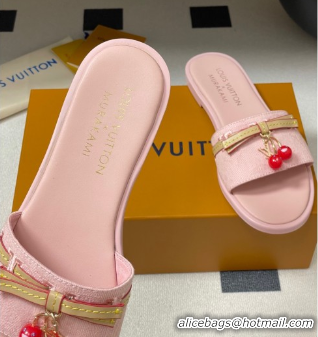 Unique Style Louis Vuitton LV x TM Lily Flat Slides Sandals with Bow and Cherry Charm in Monogram Denim Light Pink 07140