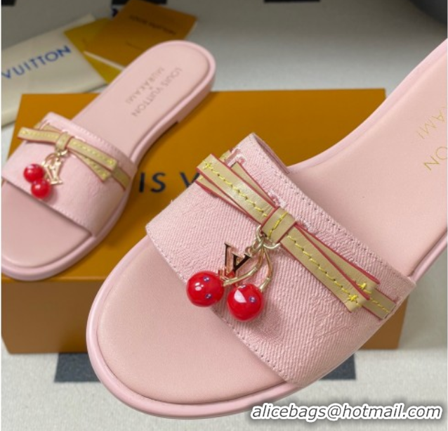 Unique Style Louis Vuitton LV x TM Lily Flat Slides Sandals with Bow and Cherry Charm in Monogram Denim Light Pink 07140