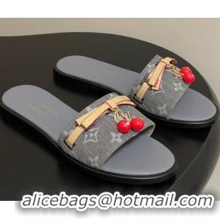 Popular Style Louis Vuitton LV x TM Lily Flat Slides Sandals with Bow and Cherry Charm in Monogram Denim Dark Grey 07140