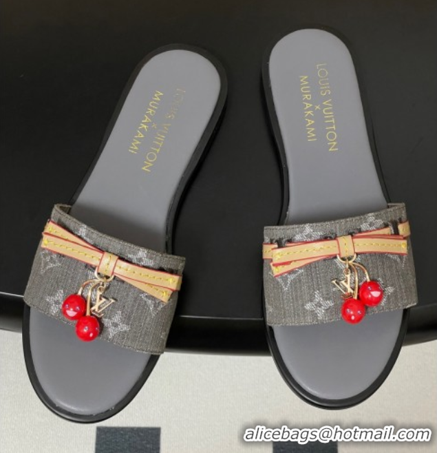 Popular Style Louis Vuitton LV x TM Lily Flat Slides Sandals with Bow and Cherry Charm in Monogram Denim Dark Grey 07140