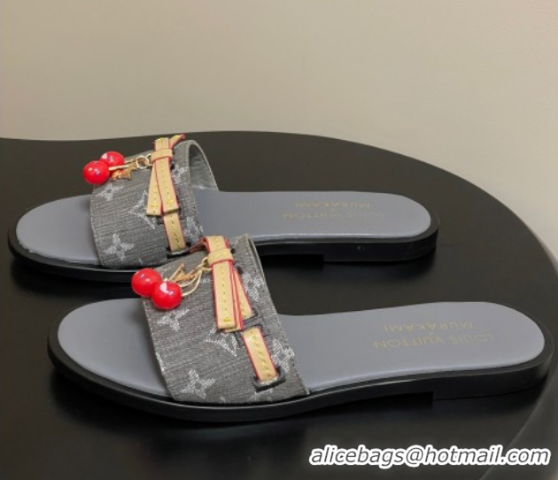 Popular Style Louis Vuitton LV x TM Lily Flat Slides Sandals with Bow and Cherry Charm in Monogram Denim Dark Grey 07140