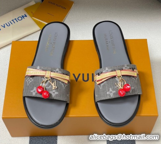 Popular Style Louis Vuitton LV x TM Lily Flat Slides Sandals with Bow and Cherry Charm in Monogram Denim Dark Grey 07140
