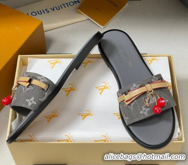 Popular Style Louis Vuitton LV x TM Lily Flat Slides Sandals with Bow and Cherry Charm in Monogram Denim Dark Grey 07140