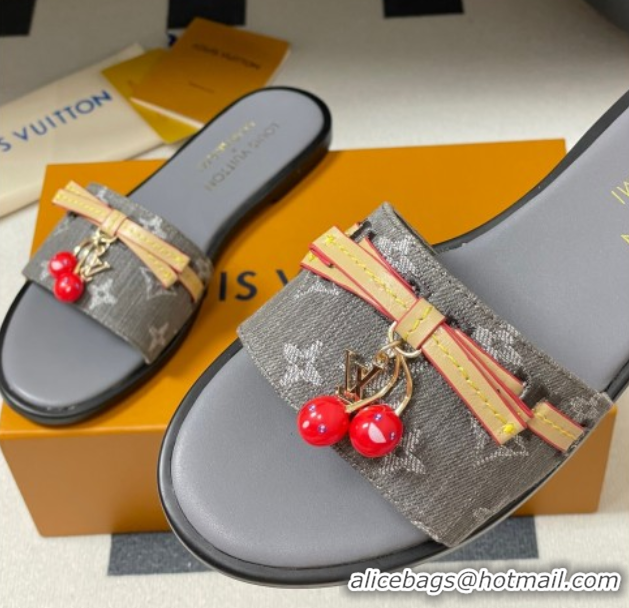 Popular Style Louis Vuitton LV x TM Lily Flat Slides Sandals with Bow and Cherry Charm in Monogram Denim Dark Grey 07140