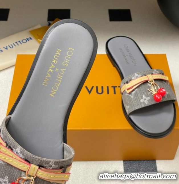 Popular Style Louis Vuitton LV x TM Lily Flat Slides Sandals with Bow and Cherry Charm in Monogram Denim Dark Grey 07140