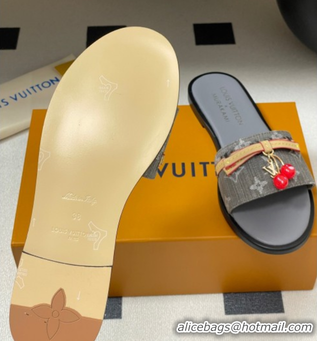 Popular Style Louis Vuitton LV x TM Lily Flat Slides Sandals with Bow and Cherry Charm in Monogram Denim Dark Grey 07140