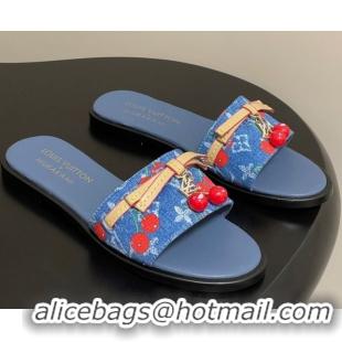 Good Quality Louis Vuitton LV x TM Lily Flat Slides Sandals with Bow and Cherry Charm in Monogram Denim Blue/Red 0714051