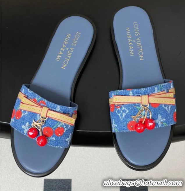 Good Quality Louis Vuitton LV x TM Lily Flat Slides Sandals with Bow and Cherry Charm in Monogram Denim Blue/Red 0714051