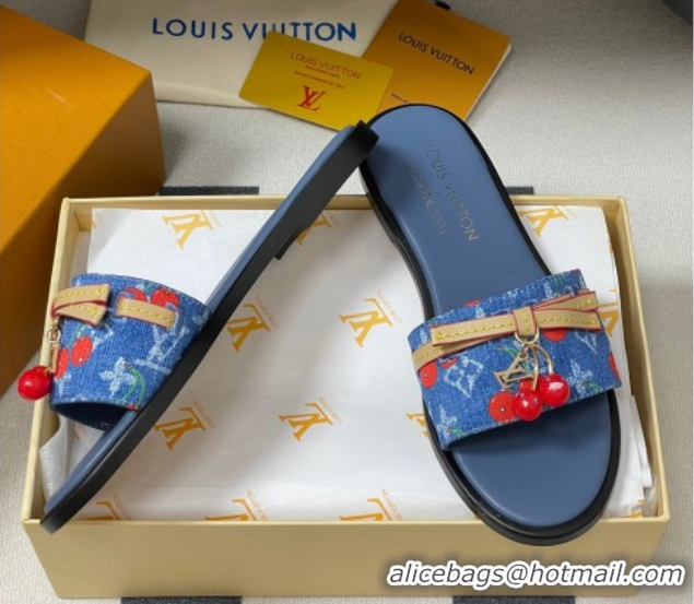 Good Quality Louis Vuitton LV x TM Lily Flat Slides Sandals with Bow and Cherry Charm in Monogram Denim Blue/Red 0714051