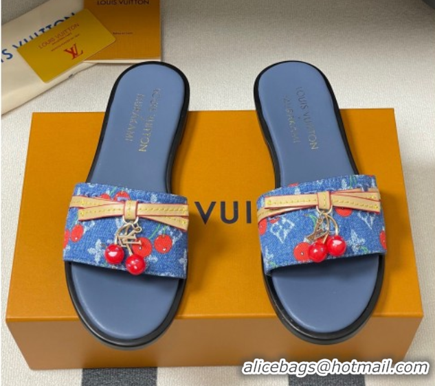 Good Quality Louis Vuitton LV x TM Lily Flat Slides Sandals with Bow and Cherry Charm in Monogram Denim Blue/Red 0714051