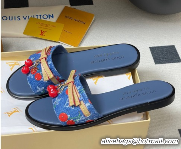 Good Quality Louis Vuitton LV x TM Lily Flat Slides Sandals with Bow and Cherry Charm in Monogram Denim Blue/Red 0714051