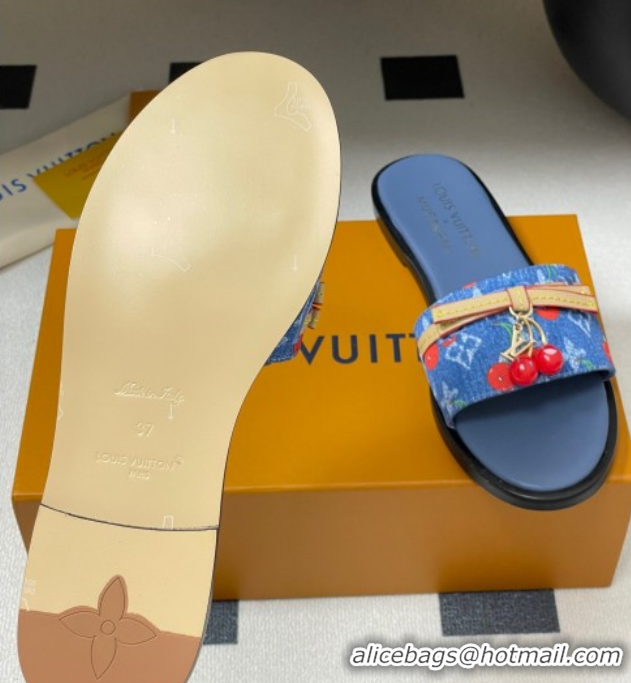 Good Quality Louis Vuitton LV x TM Lily Flat Slides Sandals with Bow and Cherry Charm in Monogram Denim Blue/Red 0714051