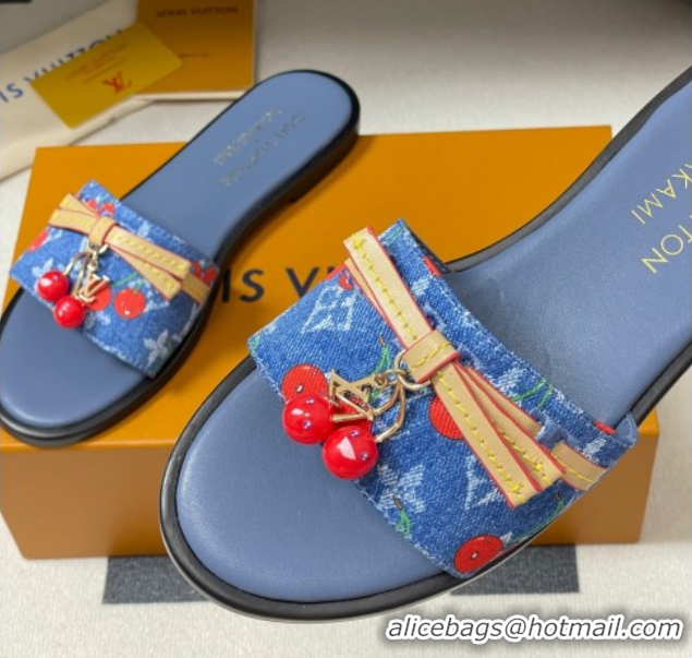 Good Quality Louis Vuitton LV x TM Lily Flat Slides Sandals with Bow and Cherry Charm in Monogram Denim Blue/Red 0714051