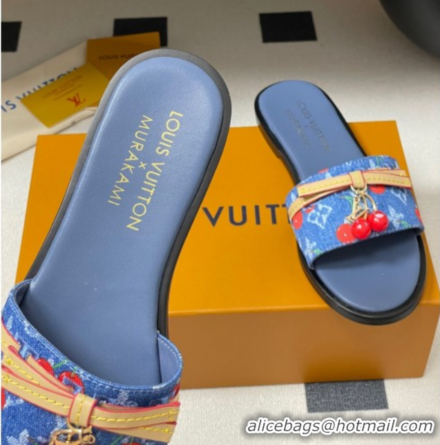 Good Quality Louis Vuitton LV x TM Lily Flat Slides Sandals with Bow and Cherry Charm in Monogram Denim Blue/Red 0714051