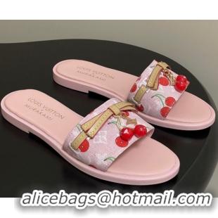 Shop Duplicate Louis Vuitton LV x TM Lily Flat Slides Sandals with Bow and Cherry Charm in Monogram Denim Pink/Red 07140