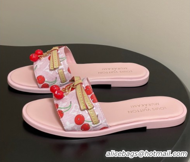 Shop Duplicate Louis Vuitton LV x TM Lily Flat Slides Sandals with Bow and Cherry Charm in Monogram Denim Pink/Red 07140