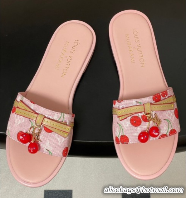 Shop Duplicate Louis Vuitton LV x TM Lily Flat Slides Sandals with Bow and Cherry Charm in Monogram Denim Pink/Red 07140