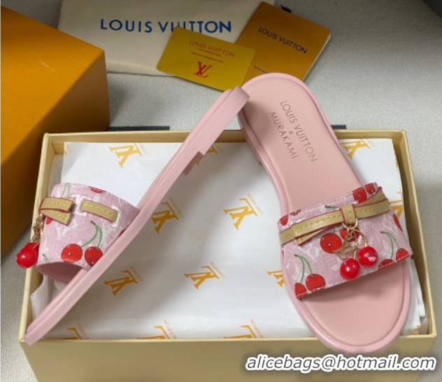 Shop Duplicate Louis Vuitton LV x TM Lily Flat Slides Sandals with Bow and Cherry Charm in Monogram Denim Pink/Red 07140