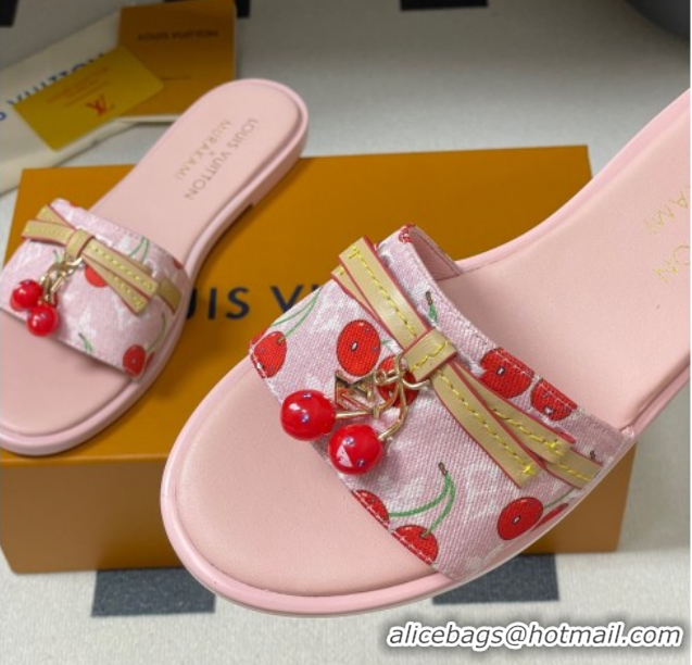 Shop Duplicate Louis Vuitton LV x TM Lily Flat Slides Sandals with Bow and Cherry Charm in Monogram Denim Pink/Red 07140