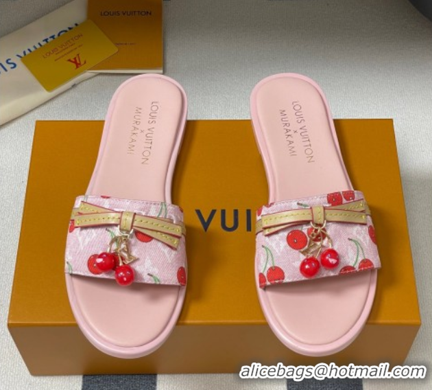 Shop Duplicate Louis Vuitton LV x TM Lily Flat Slides Sandals with Bow and Cherry Charm in Monogram Denim Pink/Red 07140