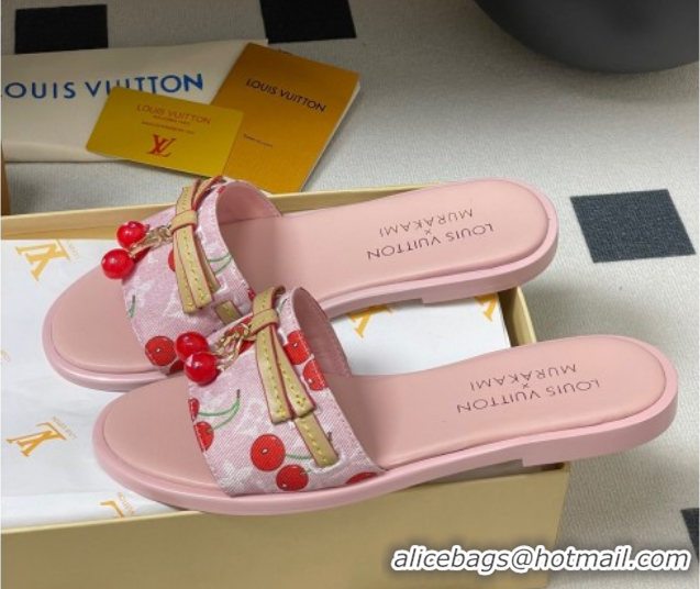 Shop Duplicate Louis Vuitton LV x TM Lily Flat Slides Sandals with Bow and Cherry Charm in Monogram Denim Pink/Red 07140
