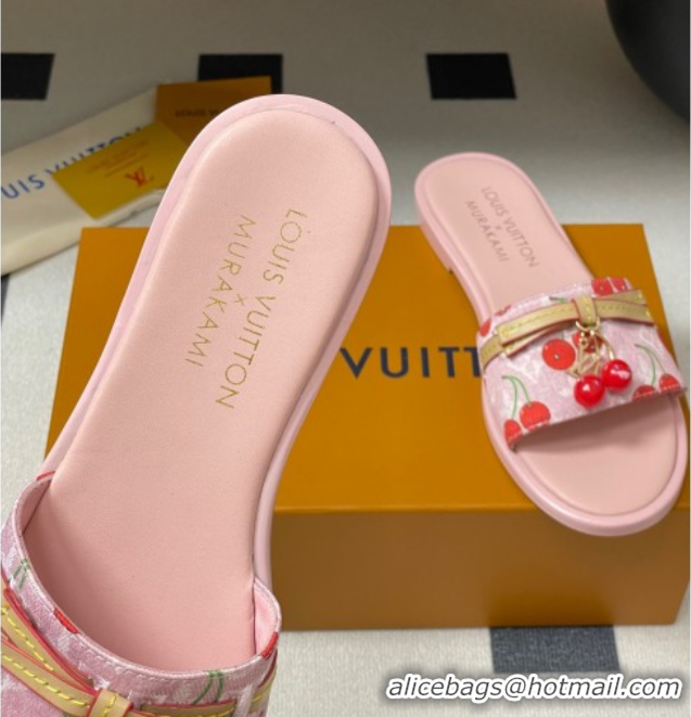 Shop Duplicate Louis Vuitton LV x TM Lily Flat Slides Sandals with Bow and Cherry Charm in Monogram Denim Pink/Red 07140