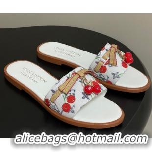 Luxurious Louis Vuitton LV x TM Lily Flat Slides Sandals with Bow and Cherry Charm in Monogram Denim White 0714053
