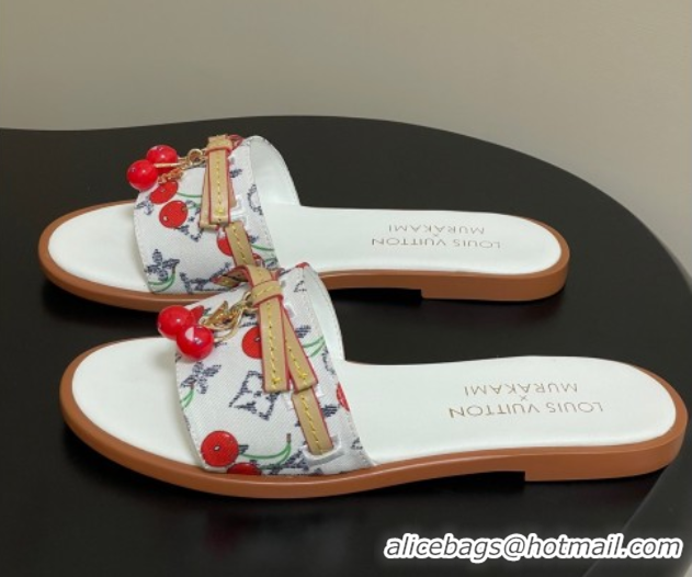 Luxurious Louis Vuitton LV x TM Lily Flat Slides Sandals with Bow and Cherry Charm in Monogram Denim White 0714053
