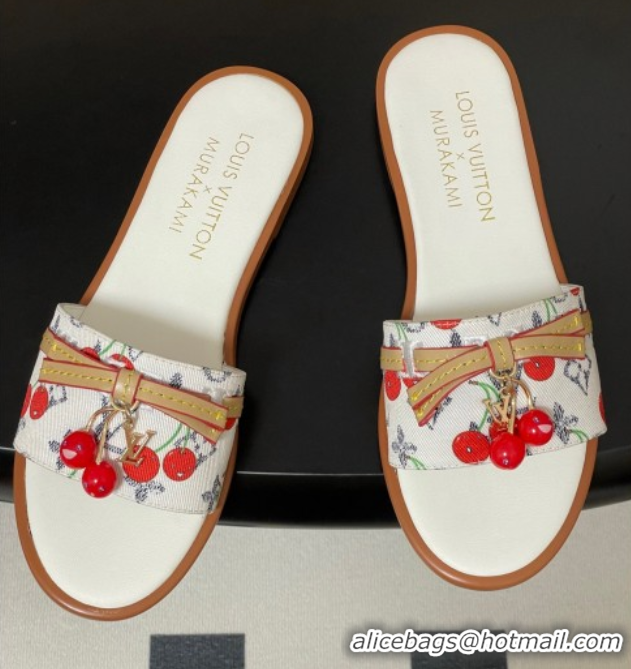 Luxurious Louis Vuitton LV x TM Lily Flat Slides Sandals with Bow and Cherry Charm in Monogram Denim White 0714053