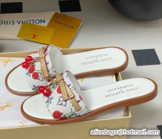Luxurious Louis Vuitton LV x TM Lily Flat Slides Sandals with Bow and Cherry Charm in Monogram Denim White 0714053