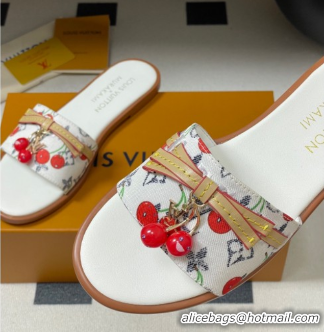 Luxurious Louis Vuitton LV x TM Lily Flat Slides Sandals with Bow and Cherry Charm in Monogram Denim White 0714053