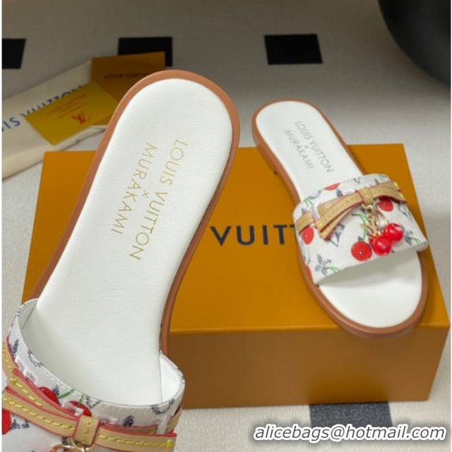 Luxurious Louis Vuitton LV x TM Lily Flat Slides Sandals with Bow and Cherry Charm in Monogram Denim White 0714053