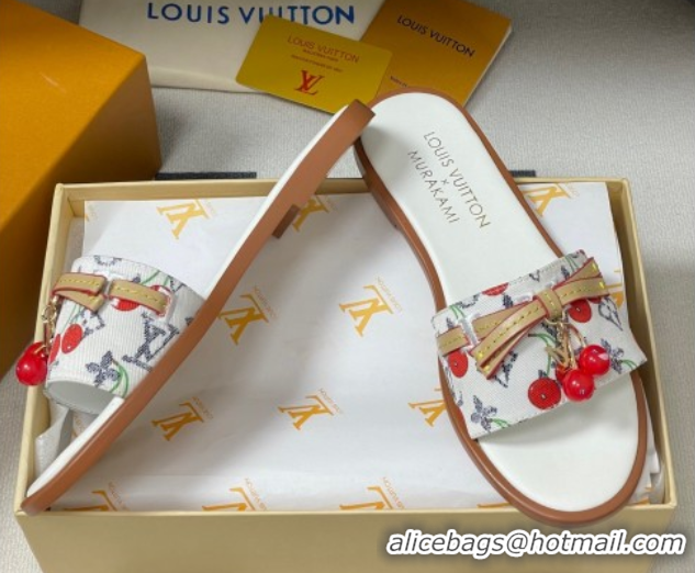Luxurious Louis Vuitton LV x TM Lily Flat Slides Sandals with Bow and Cherry Charm in Monogram Denim White 0714053
