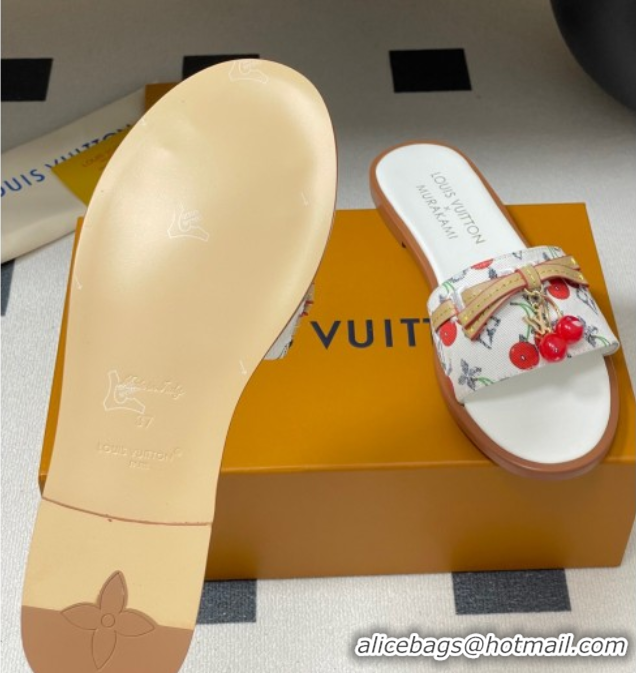 Luxurious Louis Vuitton LV x TM Lily Flat Slides Sandals with Bow and Cherry Charm in Monogram Denim White 0714053
