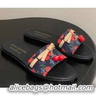 Best Product Louis Vuitton LV x TM Lily Flat Slides Sandals with Bow and Cherry Charm in Monogram Denim Black 0714054