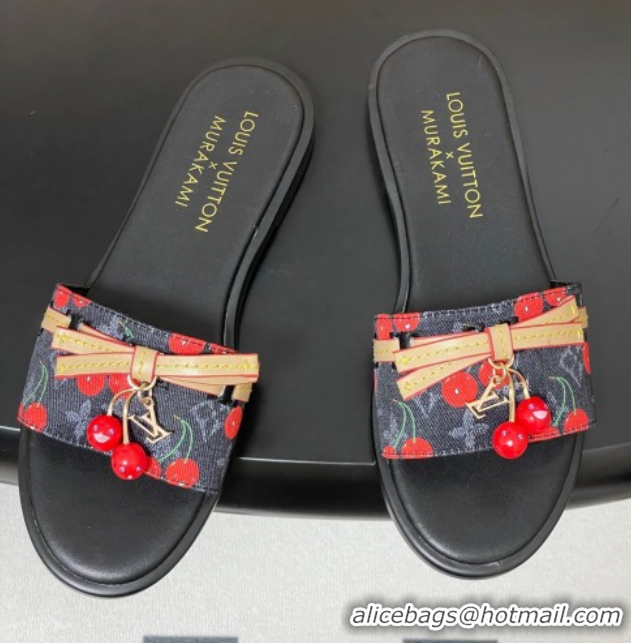 Best Product Louis Vuitton LV x TM Lily Flat Slides Sandals with Bow and Cherry Charm in Monogram Denim Black 0714054