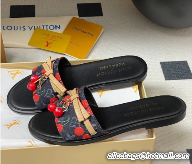 Best Product Louis Vuitton LV x TM Lily Flat Slides Sandals with Bow and Cherry Charm in Monogram Denim Black 0714054
