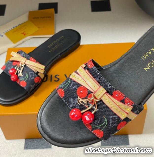 Best Product Louis Vuitton LV x TM Lily Flat Slides Sandals with Bow and Cherry Charm in Monogram Denim Black 0714054