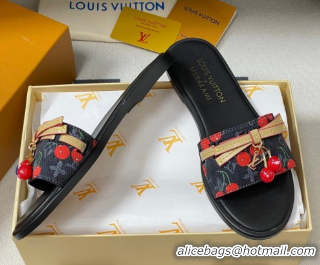 Best Product Louis Vuitton LV x TM Lily Flat Slides Sandals with Bow and Cherry Charm in Monogram Denim Black 0714054