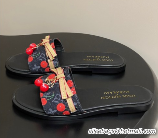 Best Product Louis Vuitton LV x TM Lily Flat Slides Sandals with Bow and Cherry Charm in Monogram Denim Black 0714054