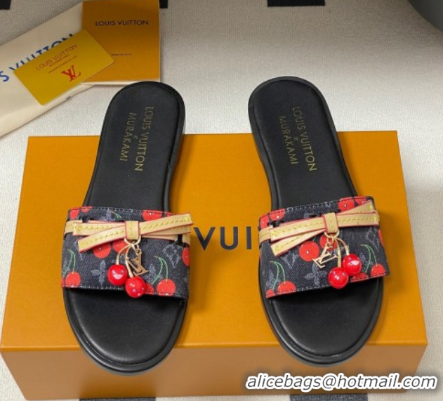 Best Product Louis Vuitton LV x TM Lily Flat Slides Sandals with Bow and Cherry Charm in Monogram Denim Black 0714054