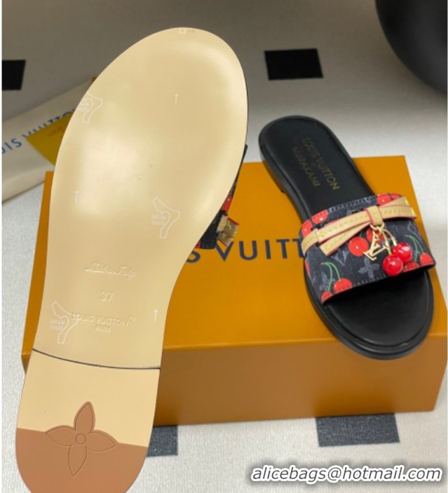 Best Product Louis Vuitton LV x TM Lily Flat Slides Sandals with Bow and Cherry Charm in Monogram Denim Black 0714054