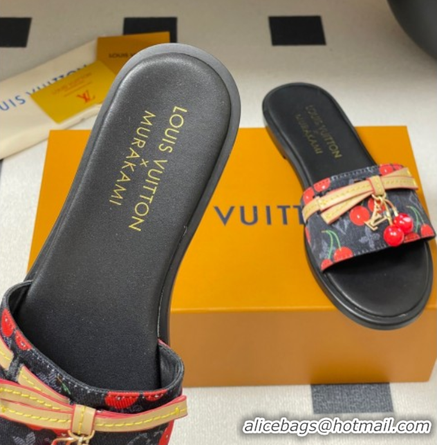 Best Product Louis Vuitton LV x TM Lily Flat Slides Sandals with Bow and Cherry Charm in Monogram Denim Black 0714054