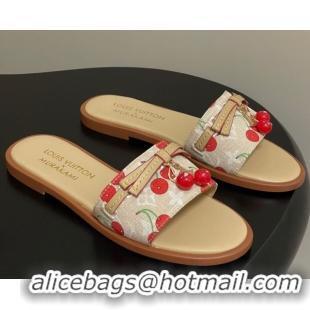 Good Product Louis Vuitton LV x TM Lily Flat Slides Sandals with Bow and Cherry Charm in Monogram Denim Beige 0714055