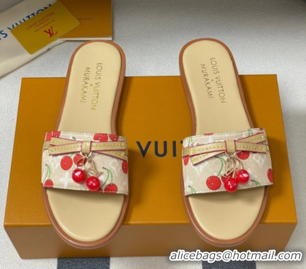 Good Product Louis Vuitton LV x TM Lily Flat Slides Sandals with Bow and Cherry Charm in Monogram Denim Beige 0714055