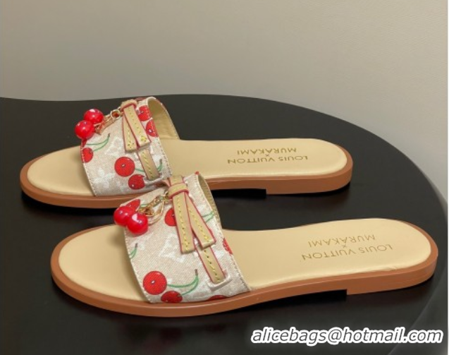 Good Product Louis Vuitton LV x TM Lily Flat Slides Sandals with Bow and Cherry Charm in Monogram Denim Beige 0714055