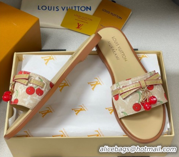 Good Product Louis Vuitton LV x TM Lily Flat Slides Sandals with Bow and Cherry Charm in Monogram Denim Beige 0714055