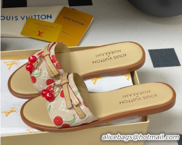 Good Product Louis Vuitton LV x TM Lily Flat Slides Sandals with Bow and Cherry Charm in Monogram Denim Beige 0714055
