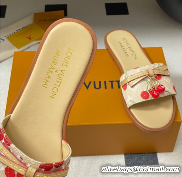Good Product Louis Vuitton LV x TM Lily Flat Slides Sandals with Bow and Cherry Charm in Monogram Denim Beige 0714055