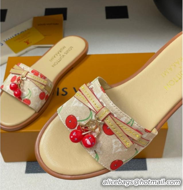 Good Product Louis Vuitton LV x TM Lily Flat Slides Sandals with Bow and Cherry Charm in Monogram Denim Beige 0714055